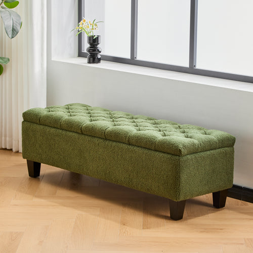 Green Bouclé Storage Ottoman Bench with Rubber Wood Legs - Elirian