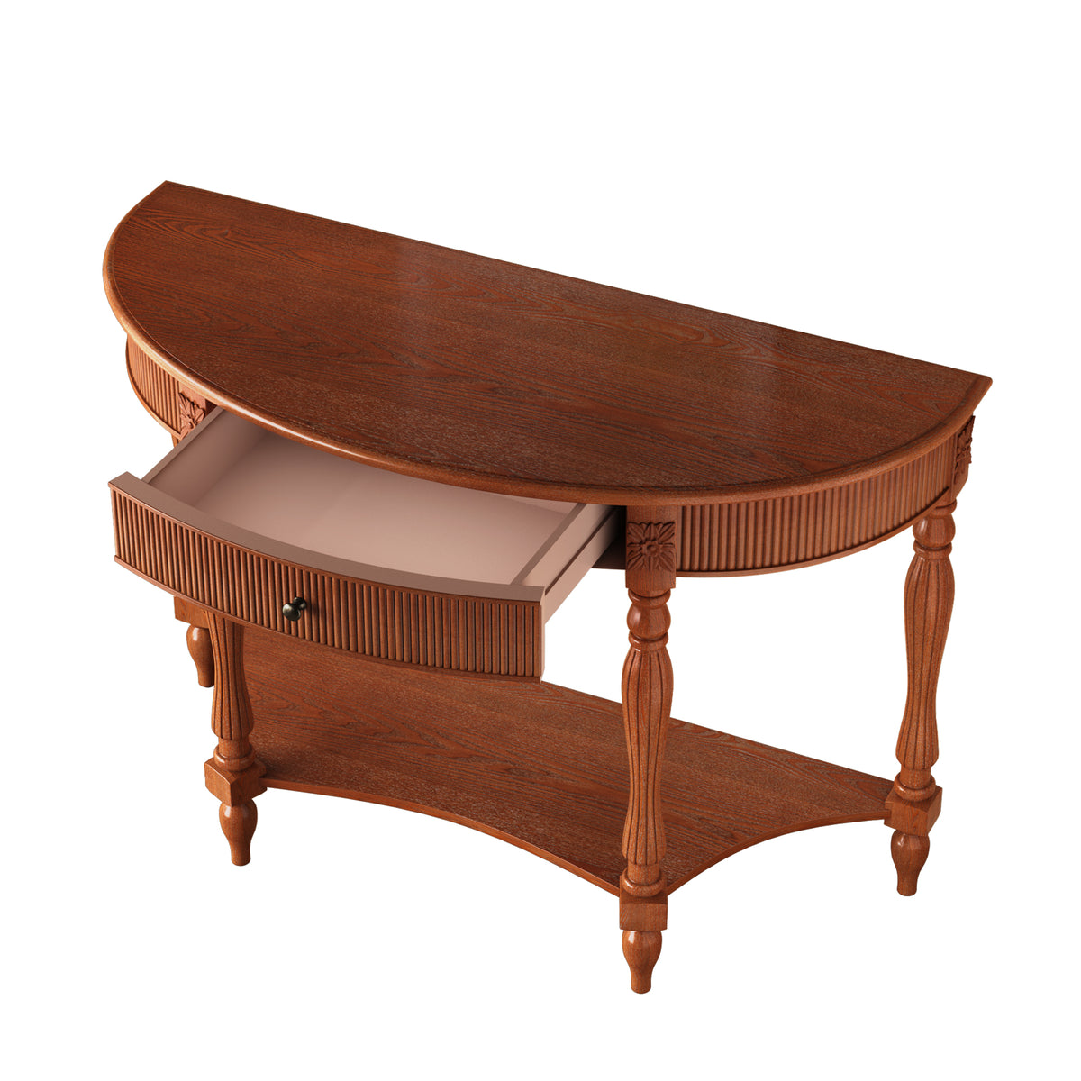 Solid Wood Half Moon Console Table with Drawer and Shelf, Fluted Front, Carved Roman Column Legs, Rustic Walnut - Elirian