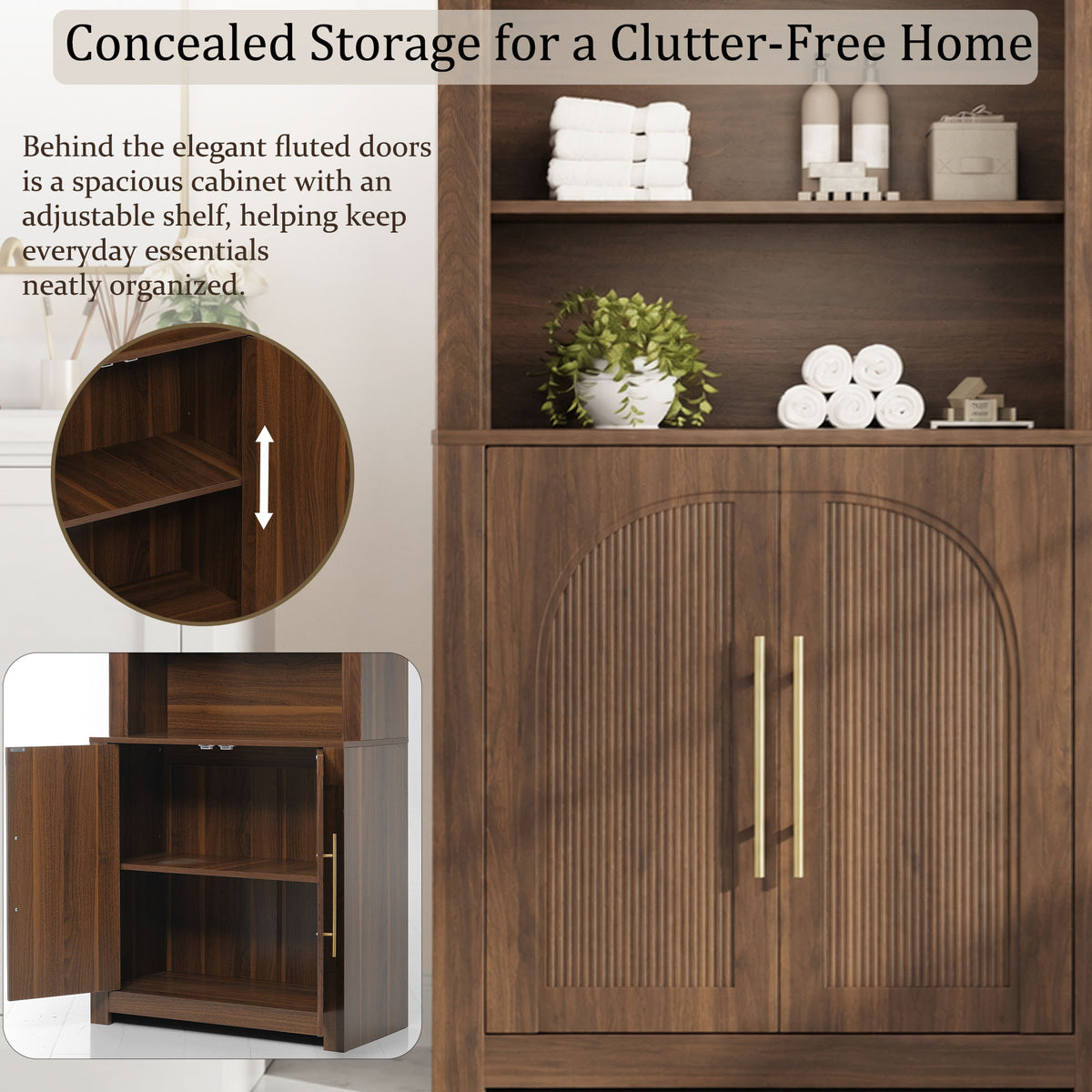 Walnut Arched Bookcase with Storage Cabinet and Open Display Shelves - Elirian