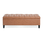 Cognac Brown Button Tufted Storage Ottoman in Faux Leather - Elirian