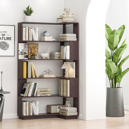 Freestanding corner bookshelf in ox blood red with six open display shelves for home decor - Elirian