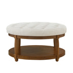 Round Tufted Linen Storage Ottoman Coffee Table, Ivory - Elirian