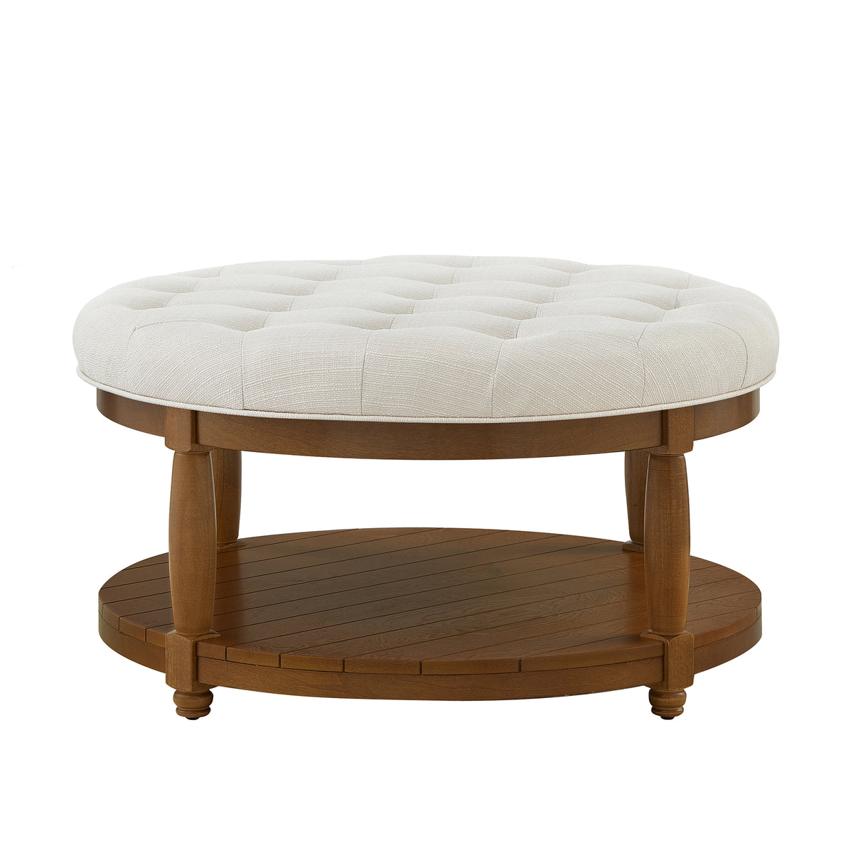 Round Tufted Linen Storage Ottoman Coffee Table, Ivory - Elirian