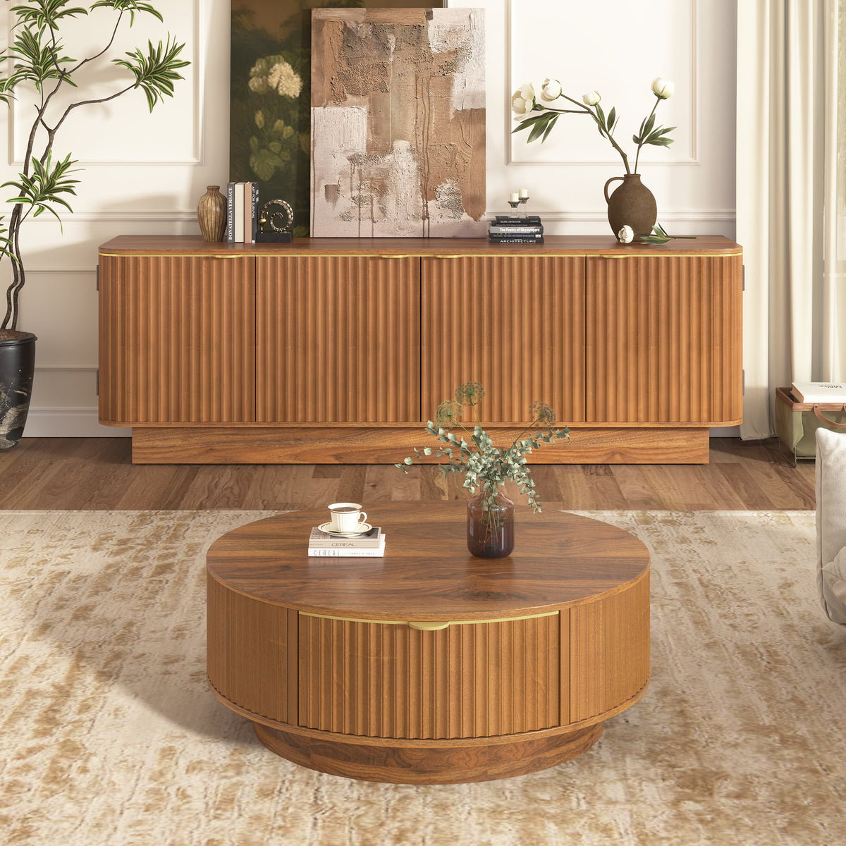 Fluted Coffee Table & TV Console Set in Warm Brown - Elirian