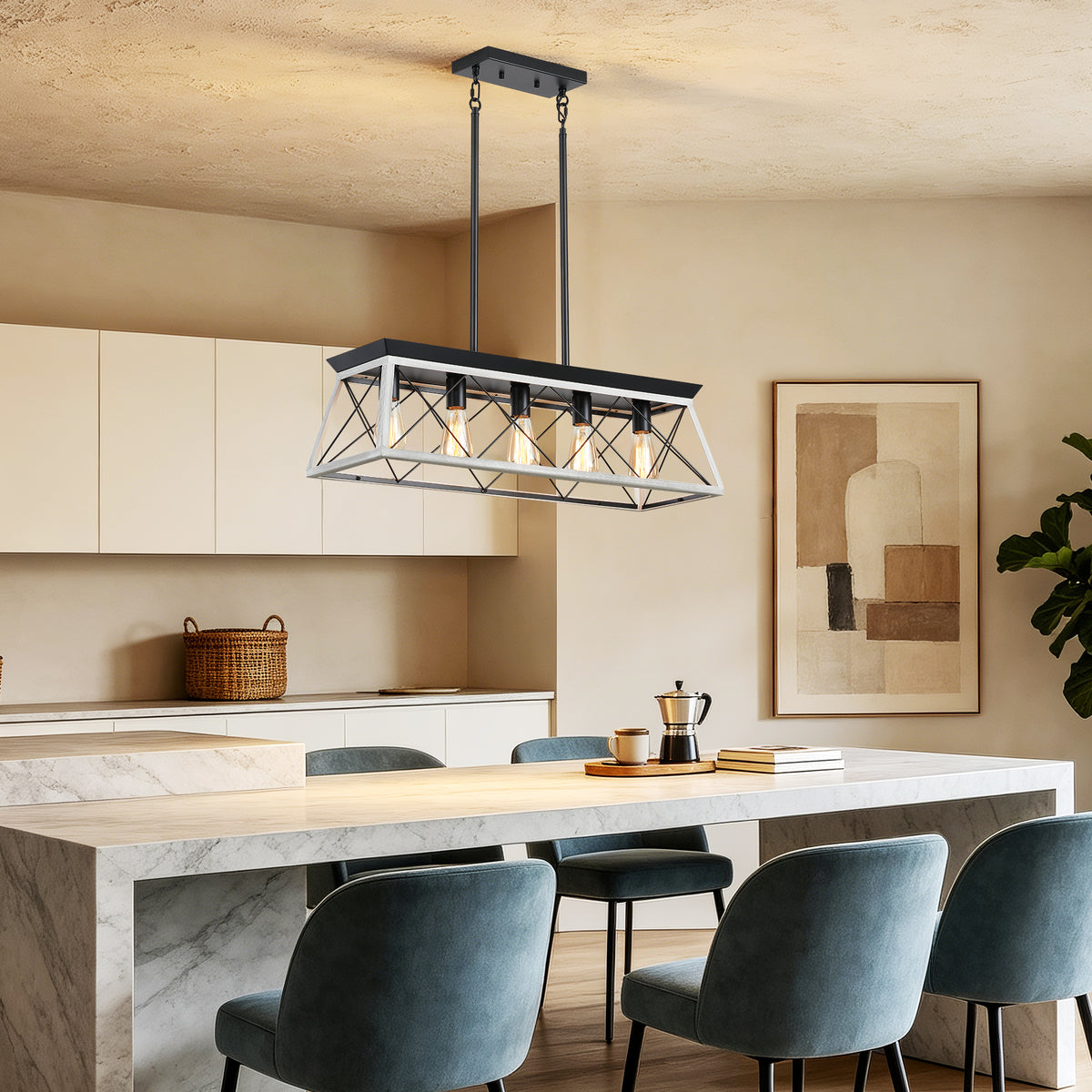 5-Light White Farmhouse Linear Chandelier - Modern dining room kitchen island lighting - Elirian