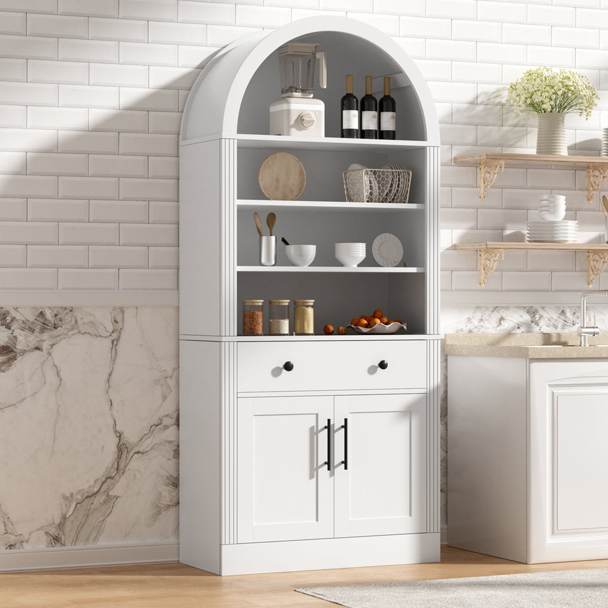 Arched White Bookshelf with Storage Cabinet and Adjustable Shelves - Elirian