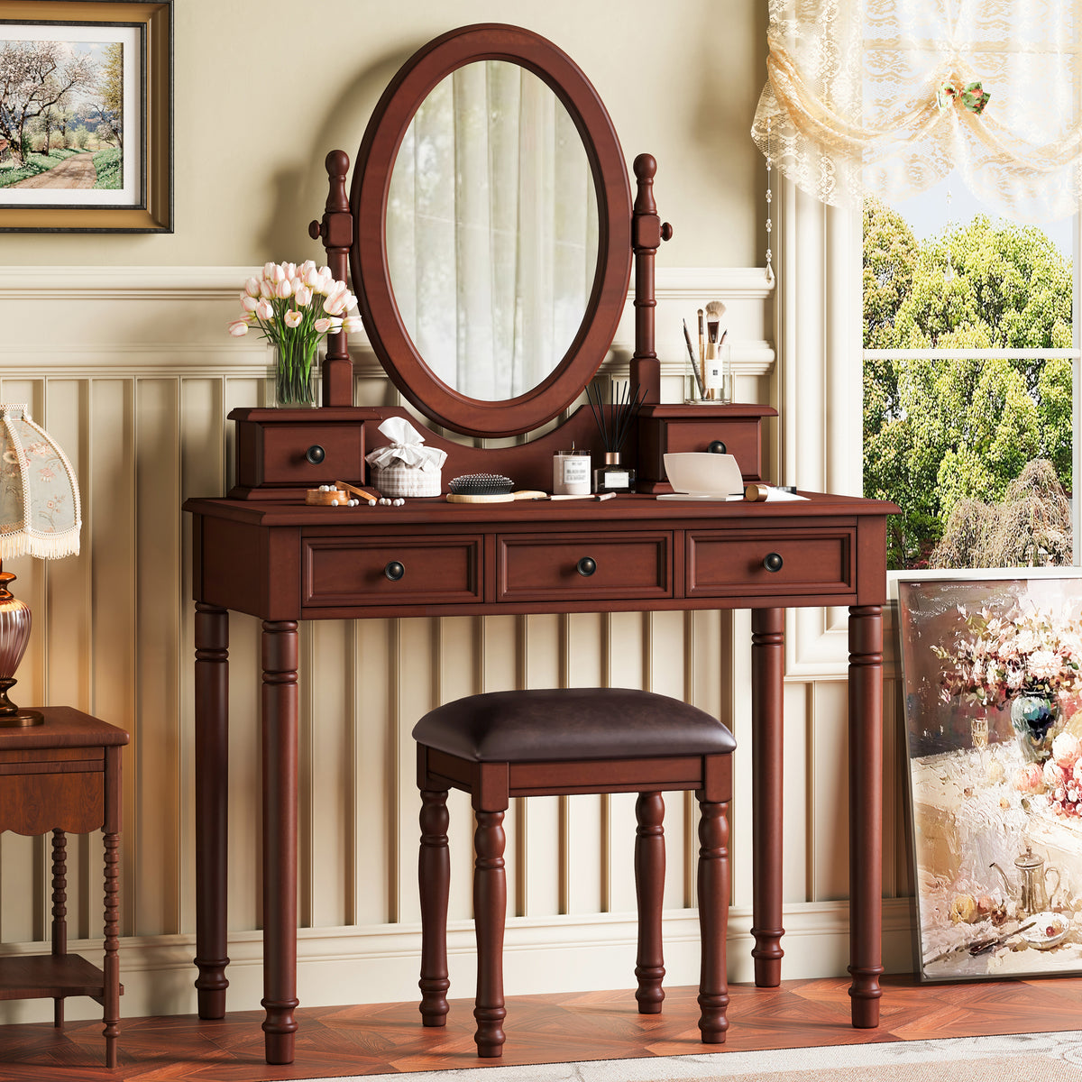 Vintage Walnut Vanity Desk Set with Adjustable Mirror & Velvet-Lined Drawers - Elirian