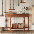 Solid wood half moon console table with fluted front, carved column legs, and storage shelf - Elirian