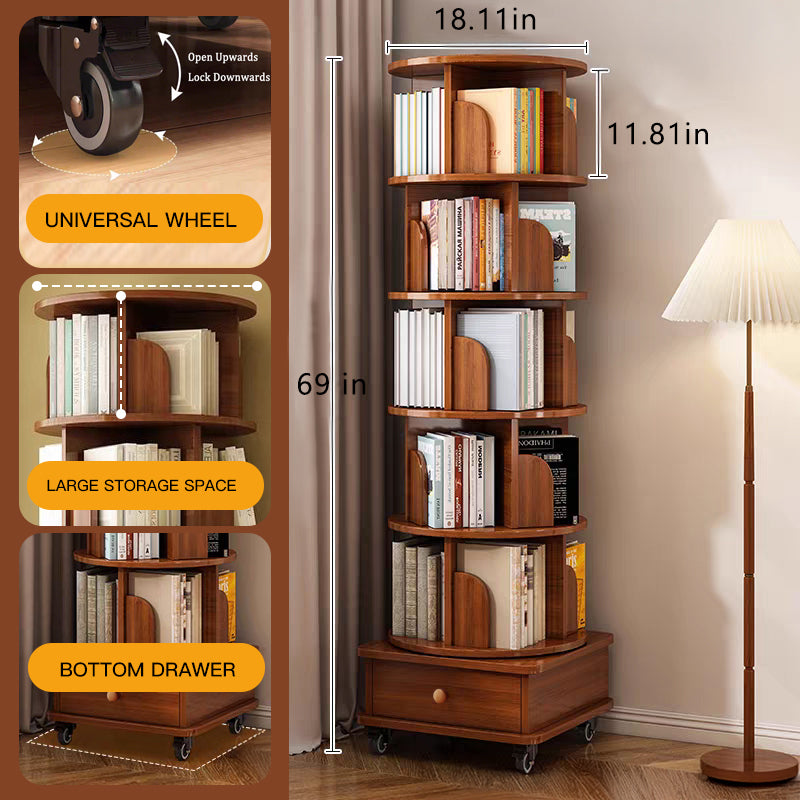 Rotating Corner Bookshelf, 6-Tier Walnut Brown Spinning Bookcase - Elirian