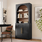 Black Arched Bookcase with Storage Cabinet and Open Display Shelves - Elirian