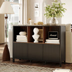 Black Fluted 3-Door Storage Cabinet with Open Display Shelves - Elirian
