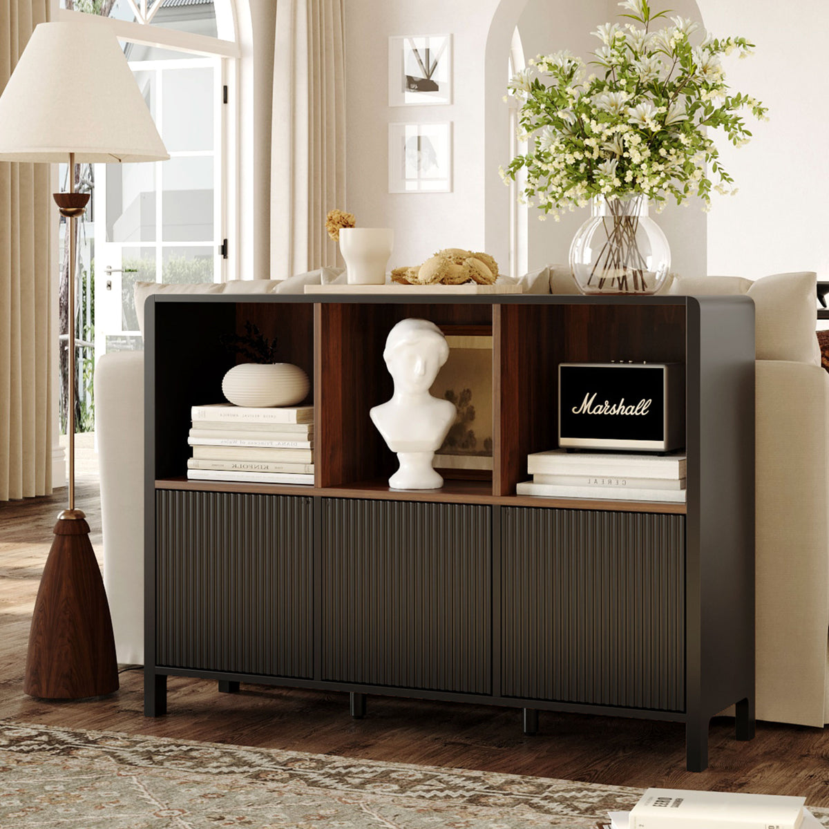 Black Fluted 3-Door Storage Cabinet with Open Display Shelves - Elirian