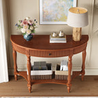 Solid wood half moon console table with fluted drawer front and carved column legs - Elirian