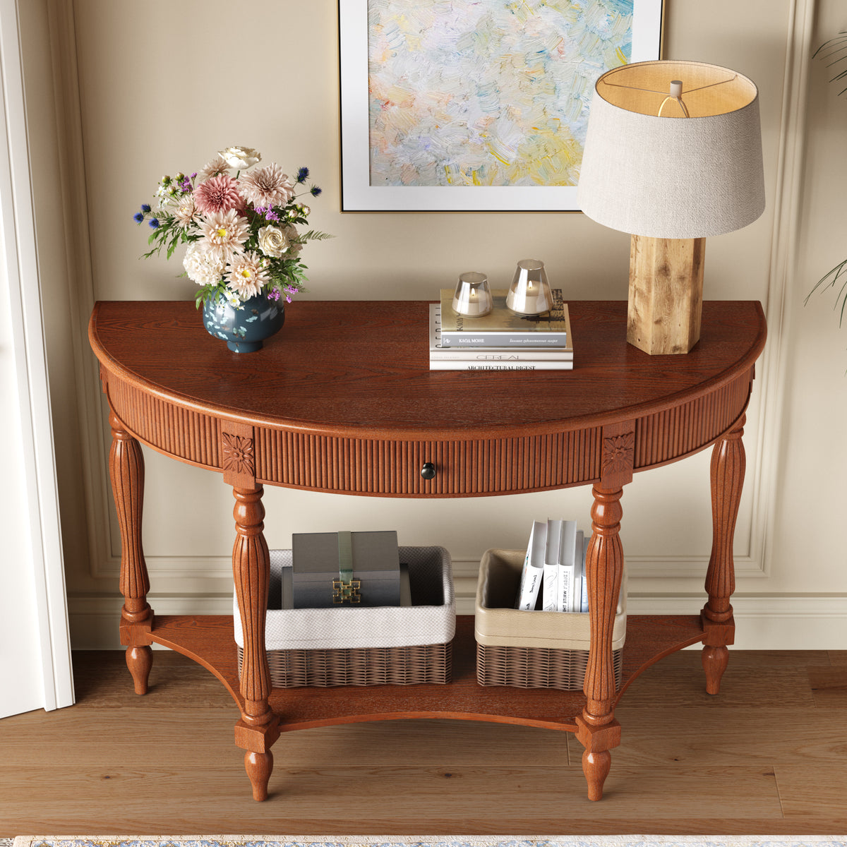 Solid wood half moon console table with fluted drawer front and carved column legs - Elirian