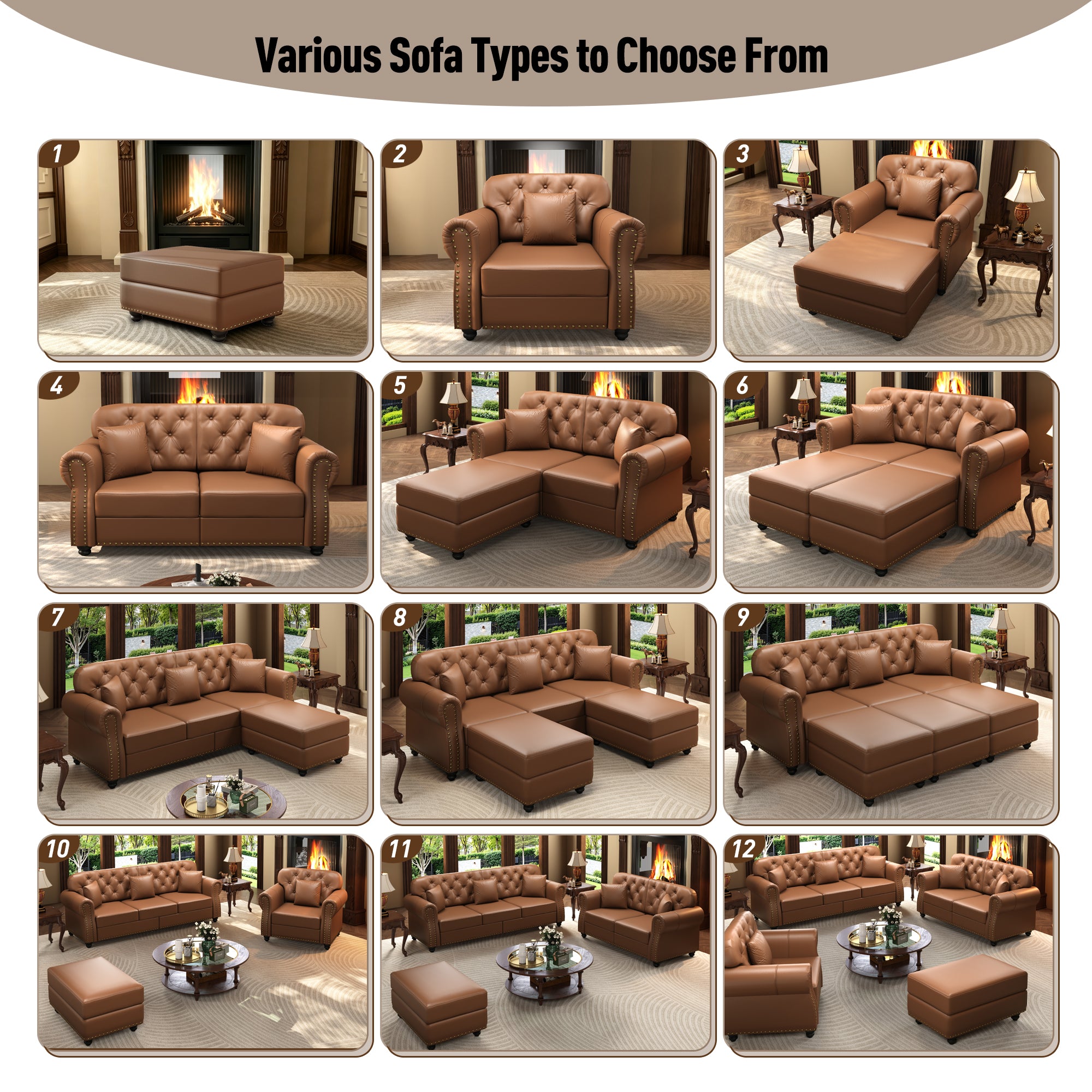 Faux Leather Modular Ottoman in Warm Brown - Elirian