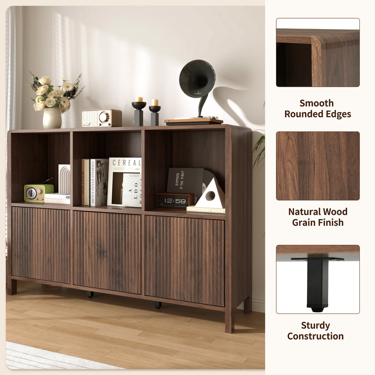 Walnut Fluted 3-Door Storage Cabinet with Open Display Shelves - Elirian