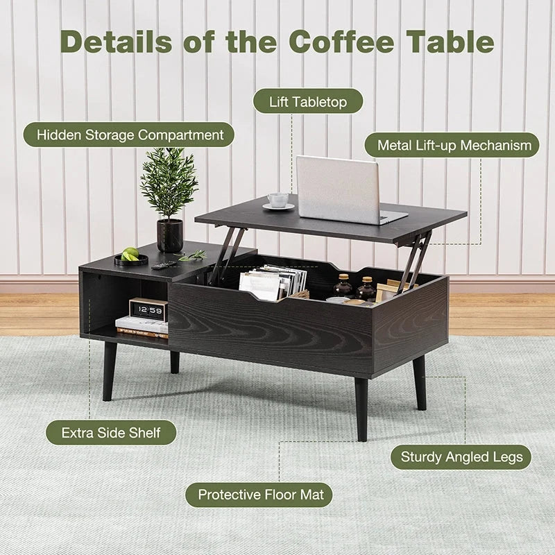 Black Lift Top Coffee Table with Hidden Storage - Elirian