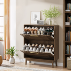 Walnut Mid-Century Shoe Cabinet with Flip-Top Drawers - Elirian