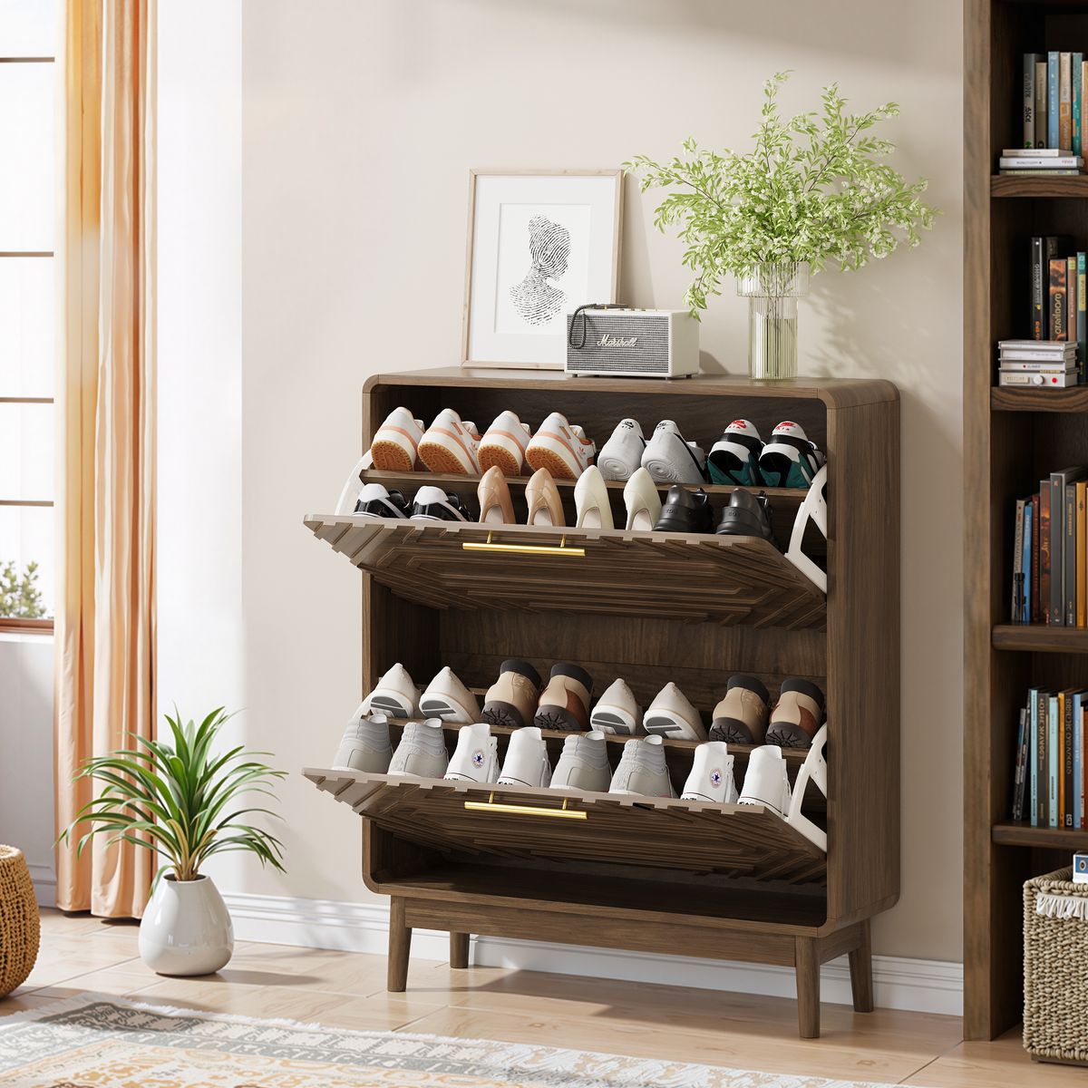 Walnut Mid-Century Shoe Cabinet with Flip-Top Drawers - Elirian