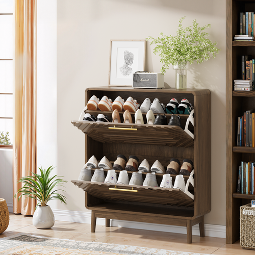 Walnut Mid-Century Shoe Cabinet with Flip-Top Drawers - Elirian