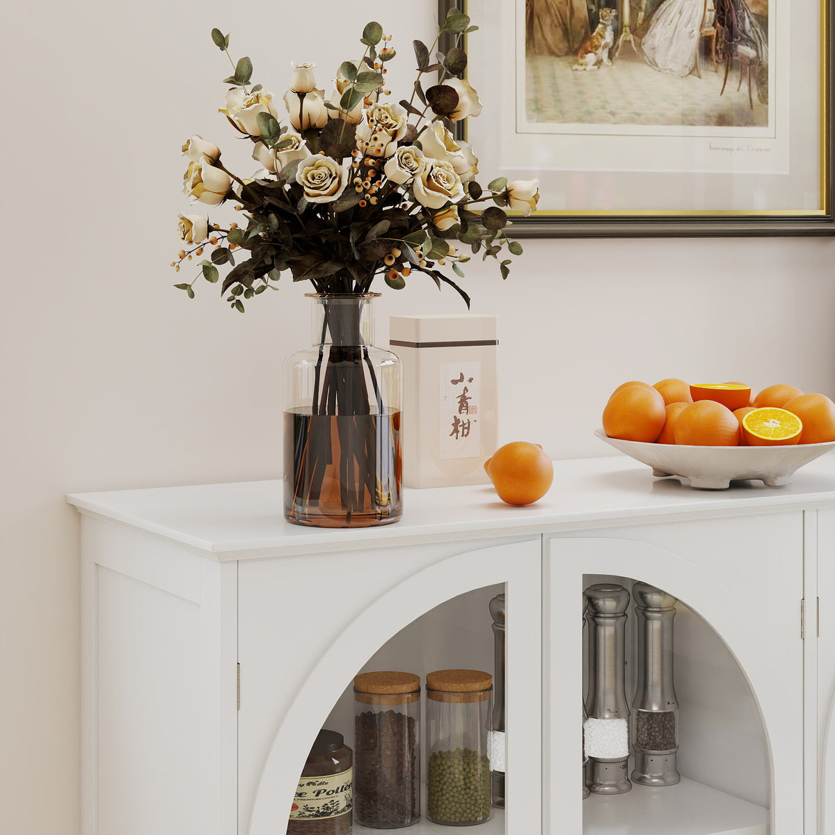 White Arched Glass Sideboard Buffet Cabinet with 2 Drawers and 4 Glass Doors - Elirian