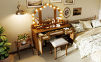 Hollywood Vanity Desk & Stool Set with Tri-Fold Mirror, Espresso - Elirian