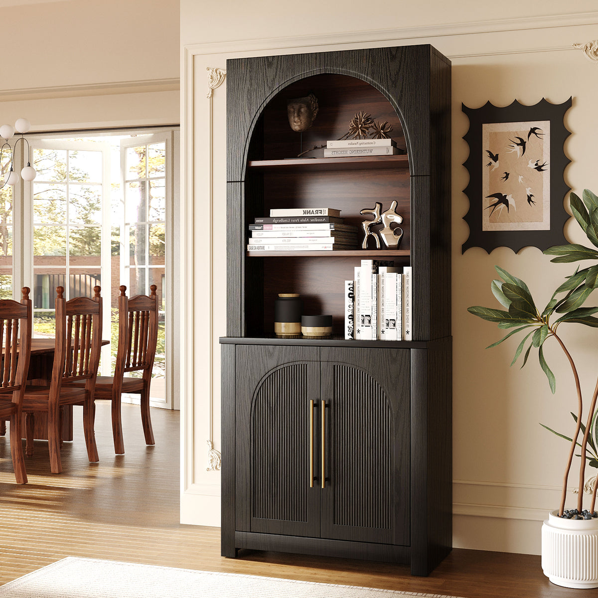 Black Arched Bookcase with Storage Cabinet and Open Display Shelves - Elirian
