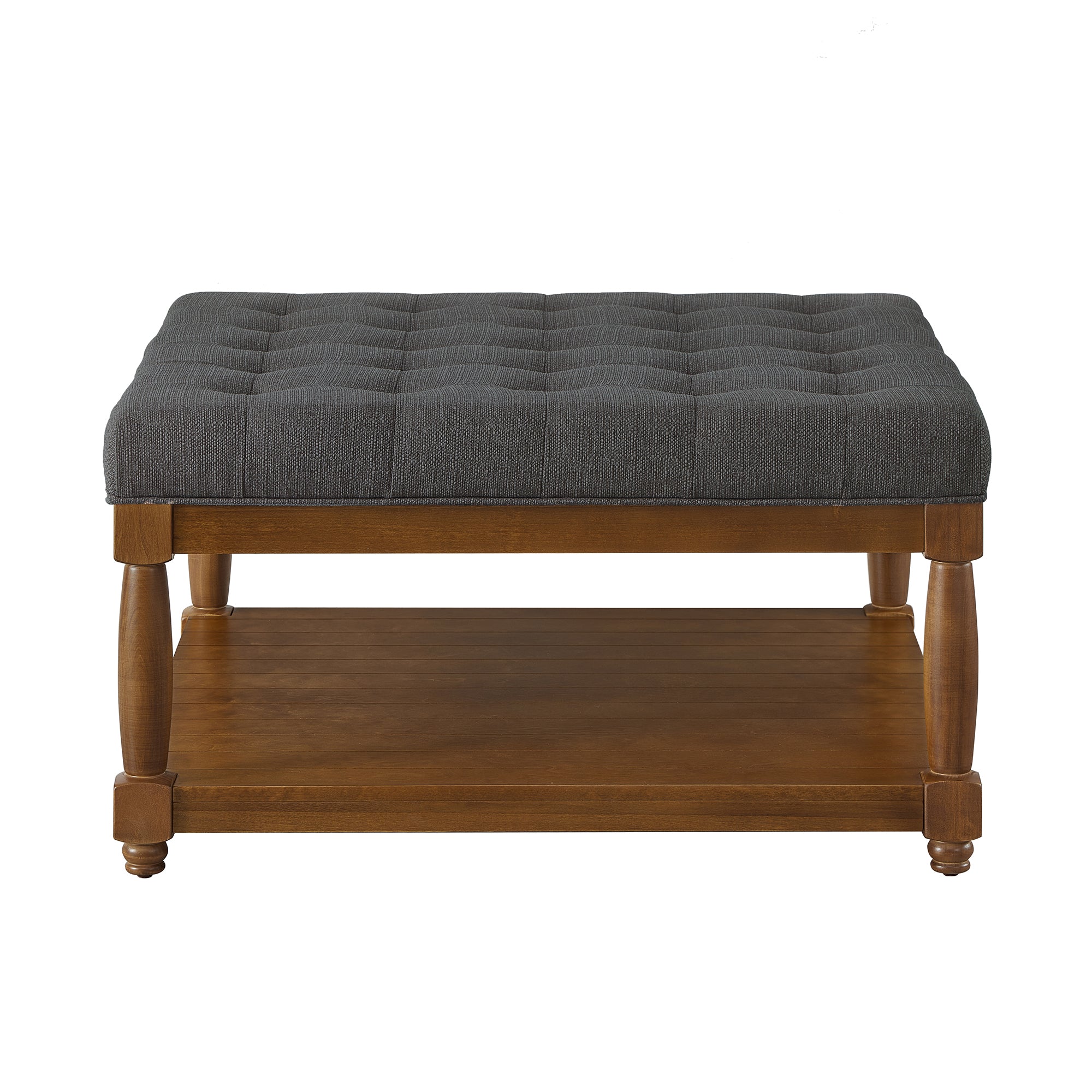 Tufted Linen Ottoman Coffee Table with Wood Shelf, Charcoal - Elirian