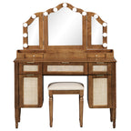 Hollywood Vanity Desk & Stool Set with Tri-Fold Mirror, Espresso - Elirian