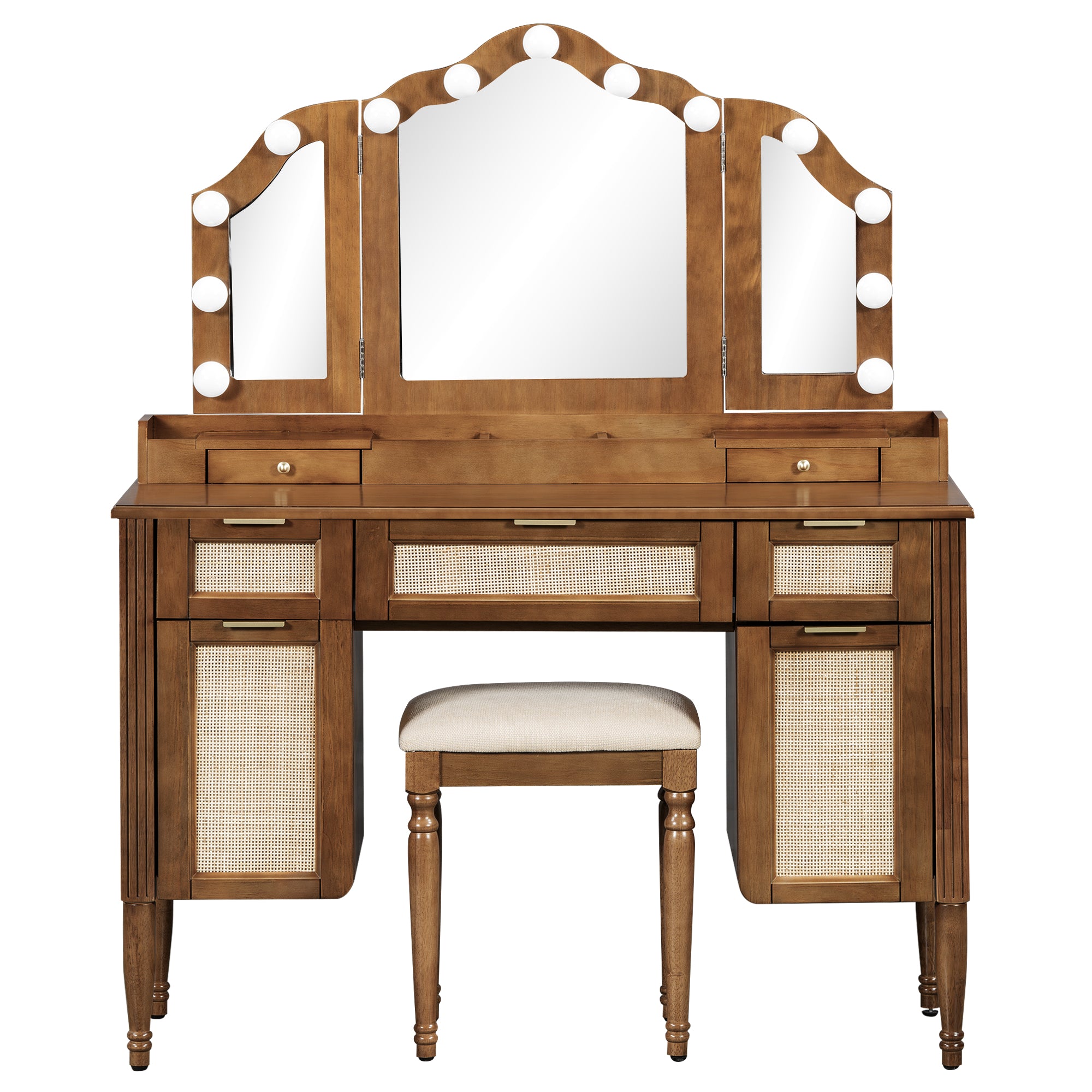 Hollywood Vanity Desk & Stool Set with Tri-Fold Mirror, Espresso - Elirian