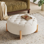 Round Tufted Chenille Ottoman with Solid Wood Legs, Beige - Elirian