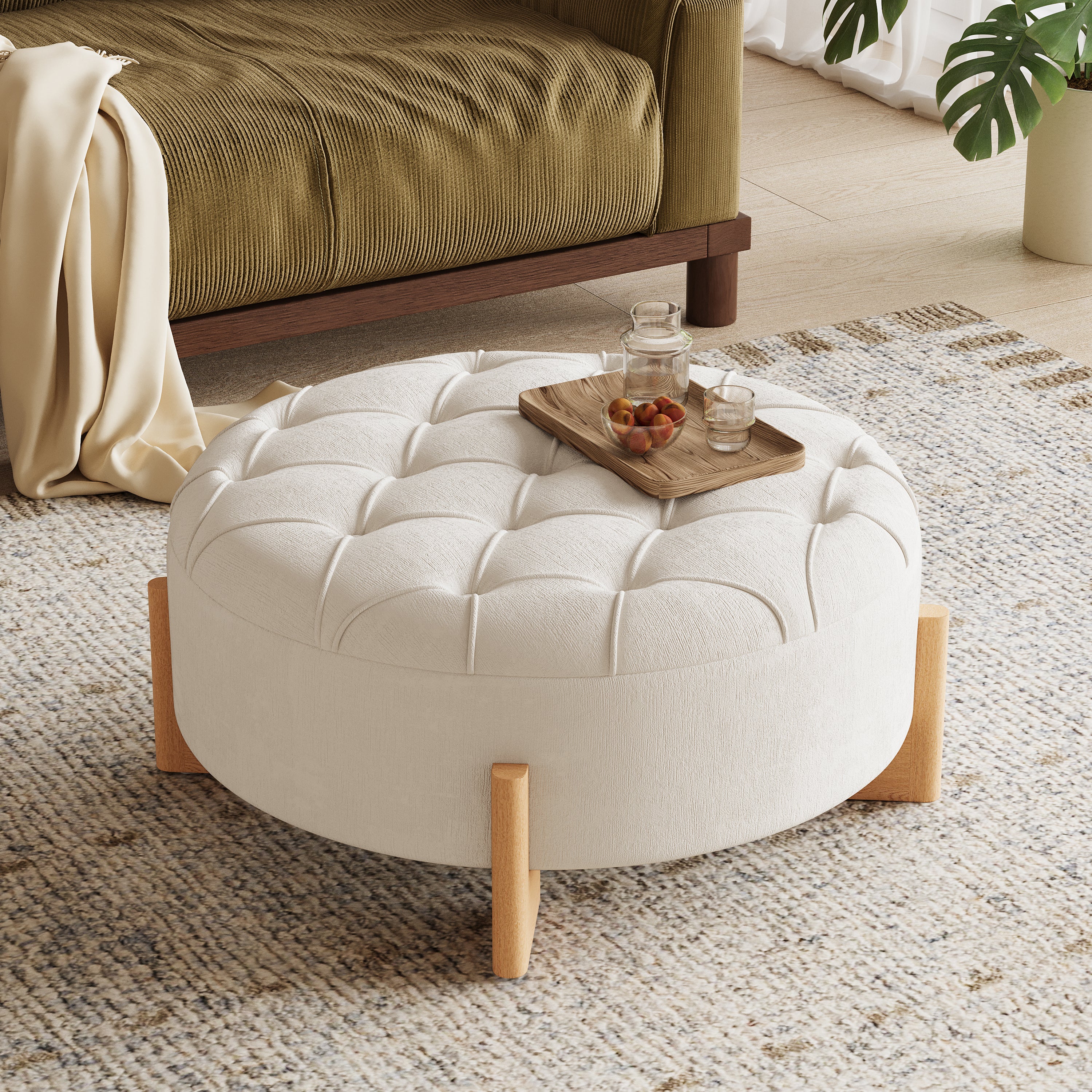 Round Tufted Chenille Ottoman with Solid Wood Legs, Beige - Elirian