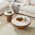 Sintered Stone Round Coffee Table with Walnut Pedestal Base - Elirian