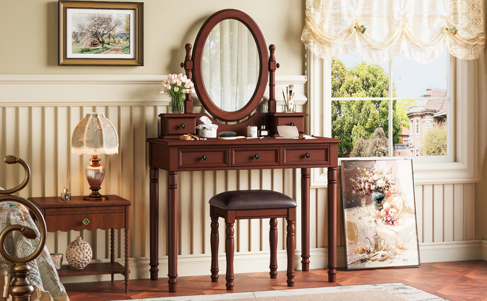 Vintage Walnut Vanity Desk Set with Adjustable Mirror & Velvet-Lined Drawers - Elirian