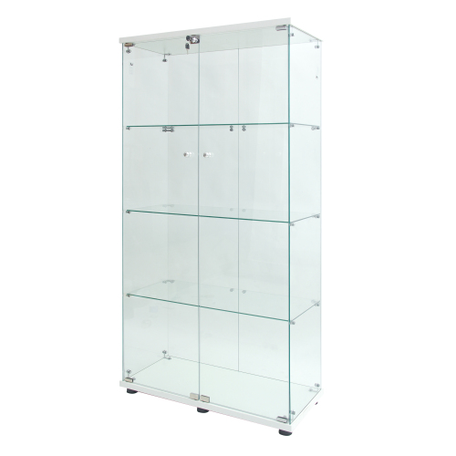 White tempered glass display cabinet with LED lighting and lockable doors - Elirian