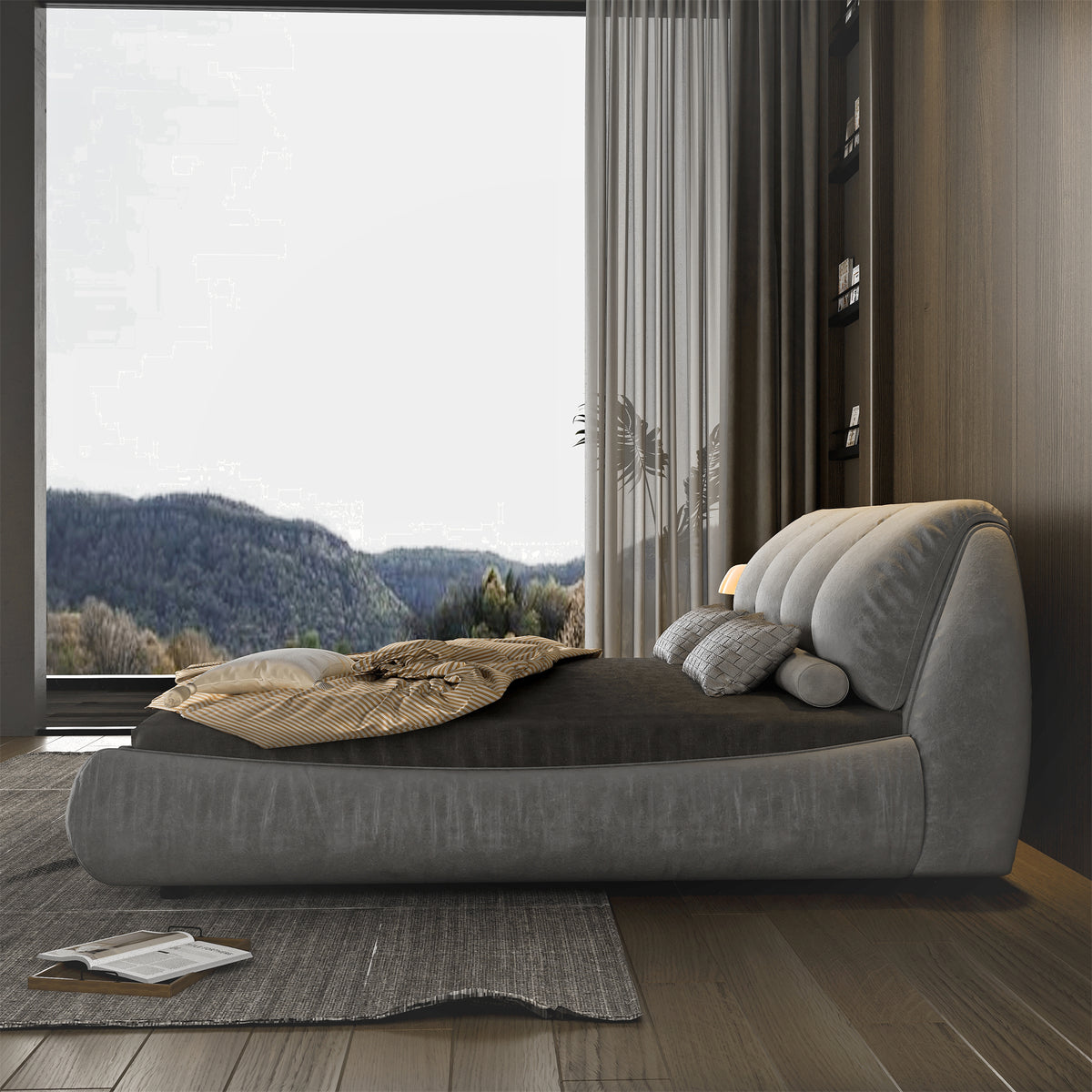 King Size Grey Upholstered Platform Bed with Oversized Padded Headboard - Elirian