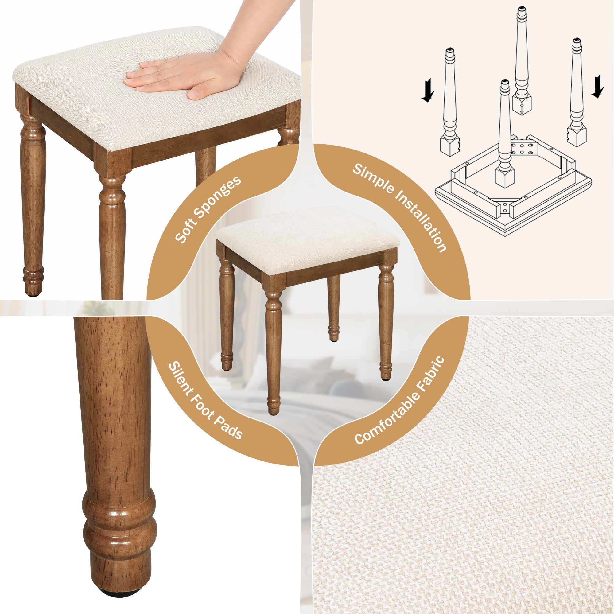 Hollywood Vanity Desk & Stool Set with Tri-Fold Mirror, Espresso - Elirian