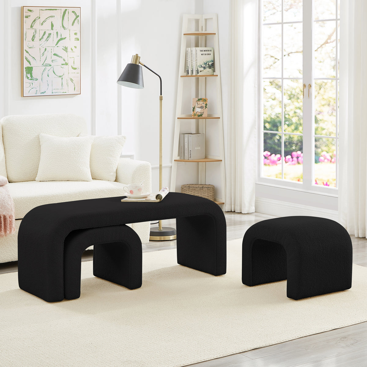 U-Shaped Teddy Ottoman Bench Set of 3, Black - Elirian