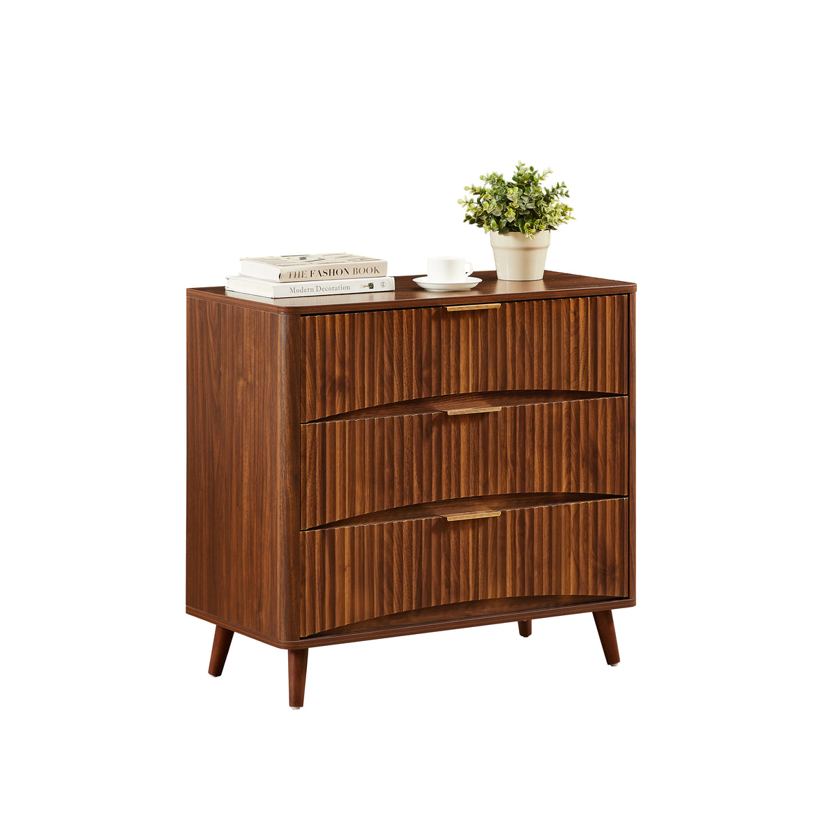 Fluted Walnut 3-Drawer Dresser, Set of 2 - Elirian
