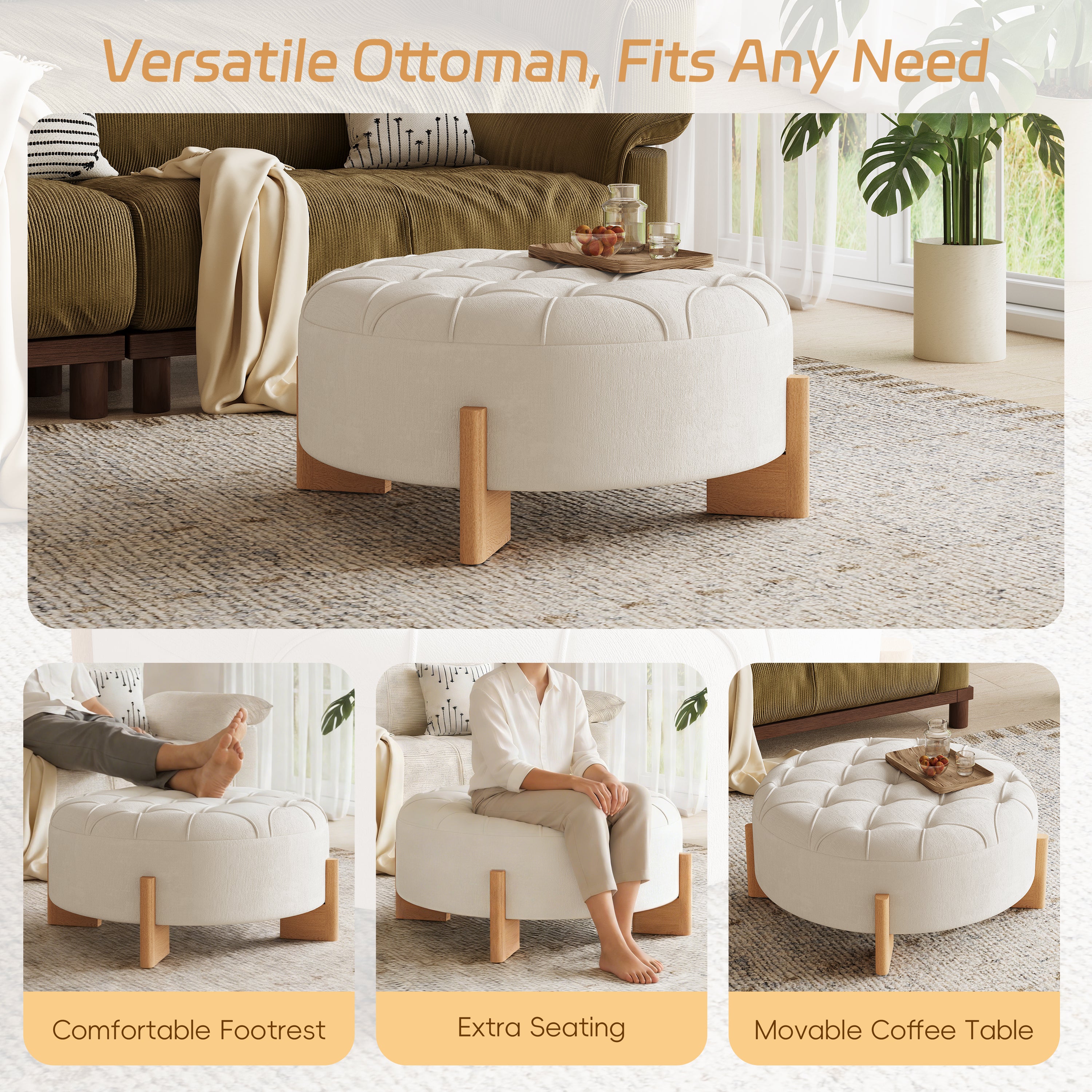 Round Tufted Chenille Ottoman with Solid Wood Legs, Beige - Elirian