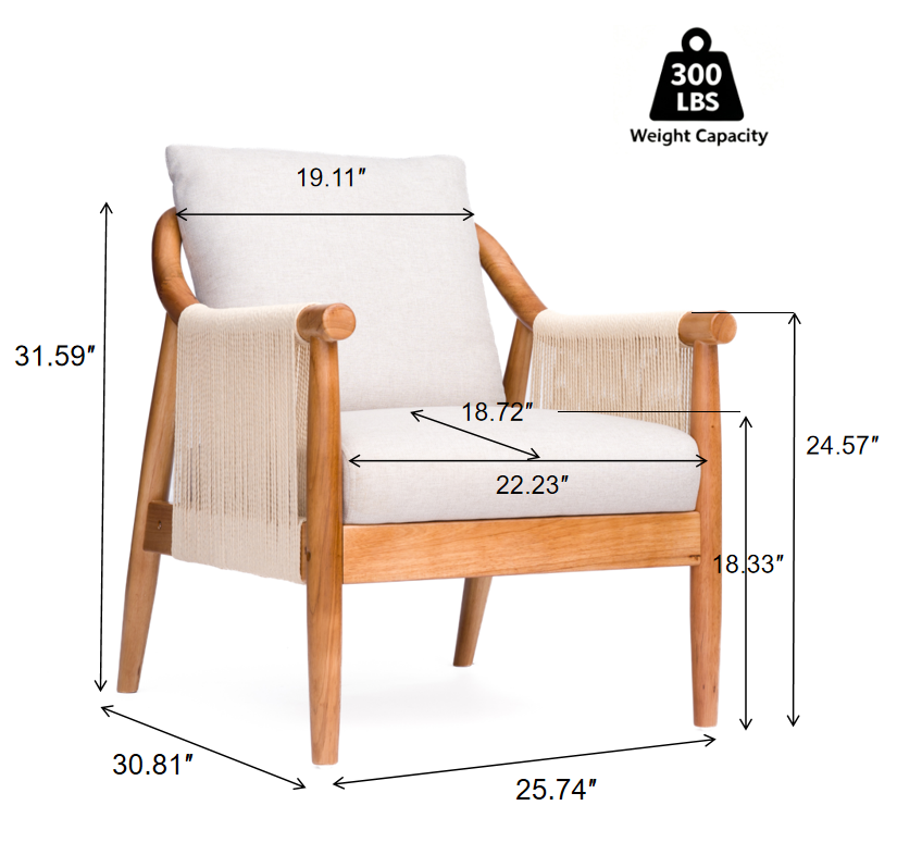 Mid-century modern accent chair with wooden frame, woven rope arms, and linen cushion - Elirian