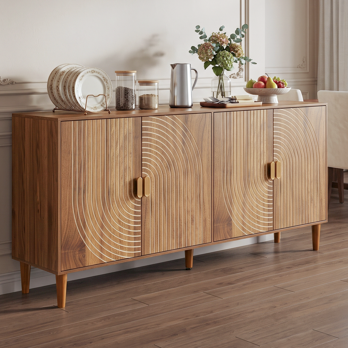 62.6-Inch Walnut Sideboard with Grooved 4-Door Storage - Elirian