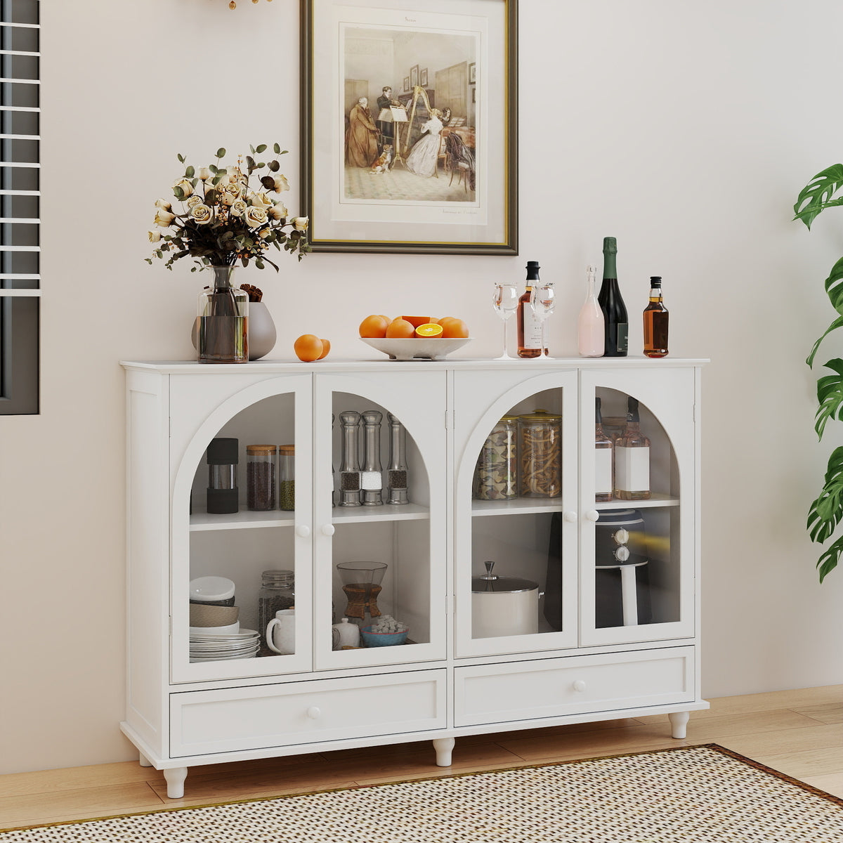 White arched glass sideboard buffet cabinet with storage drawers and decorative glassware display - Elirian