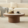 Sintered Stone Round Coffee Table with Walnut Pedestal Base - Elirian