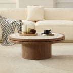 Sintered Stone Round Coffee Table with Walnut Pedestal Base - Elirian
