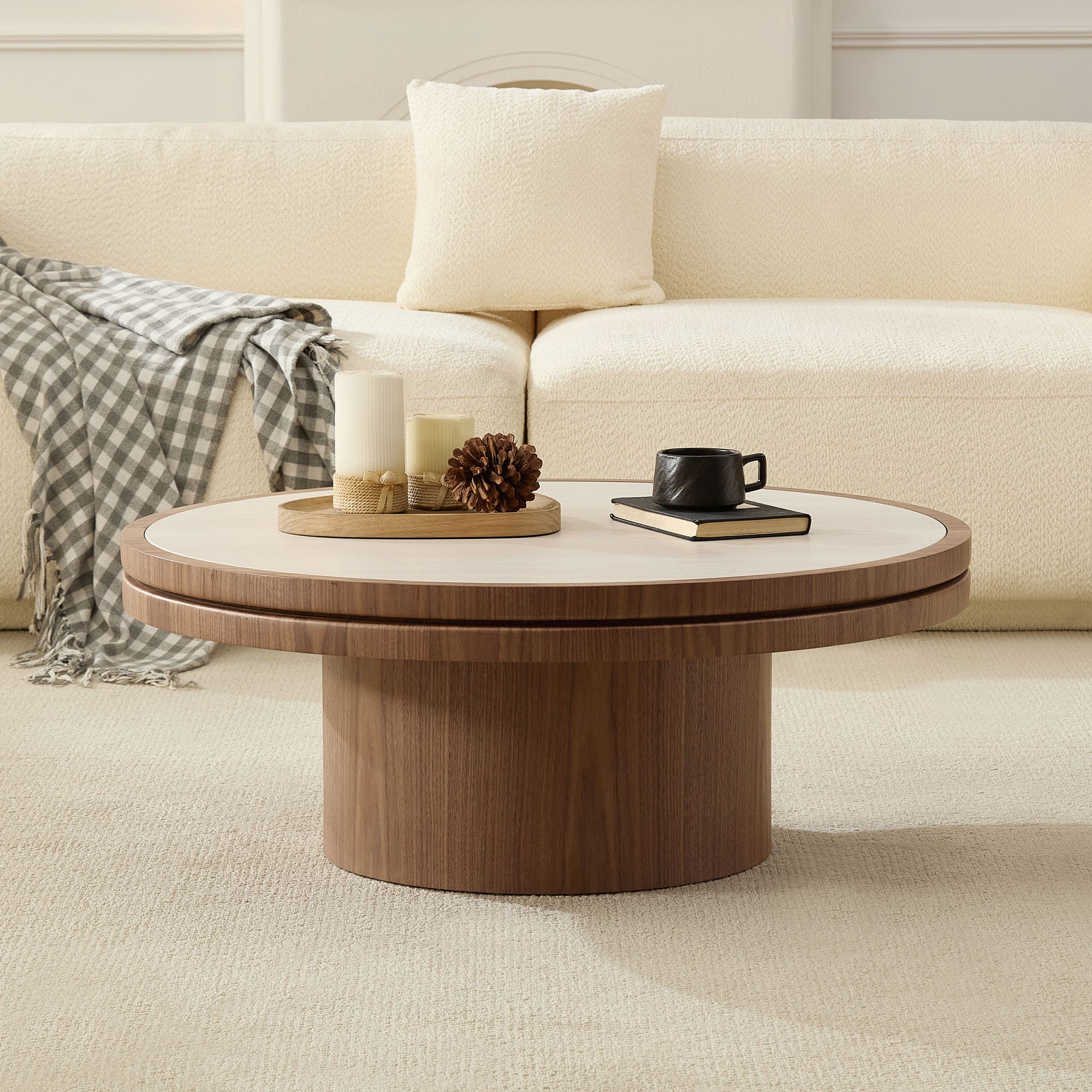 Sintered Stone Round Coffee Table with Walnut Pedestal Base - Elirian