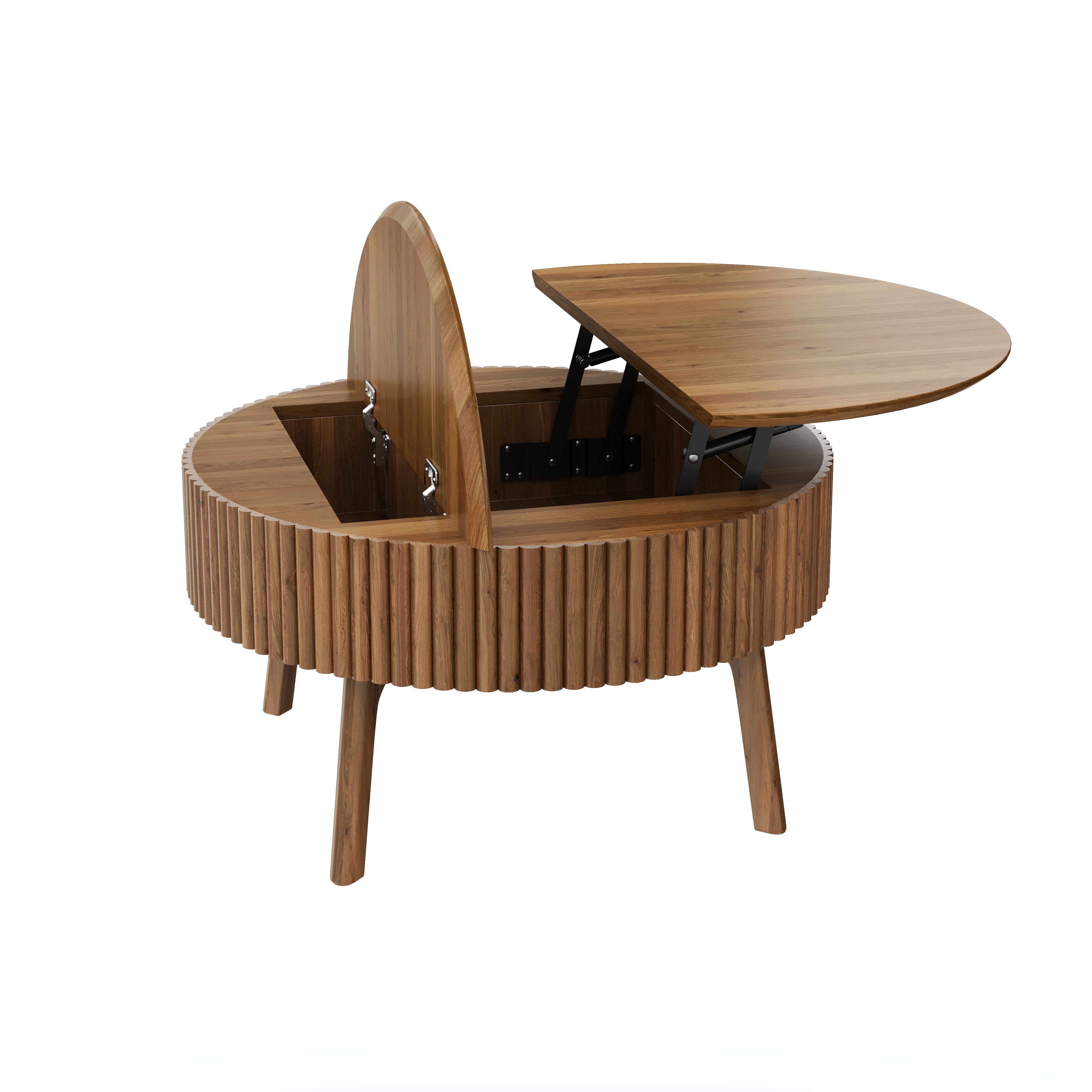 Walnut Round Lift-Top Coffee Table with Fluted Base - Elirian