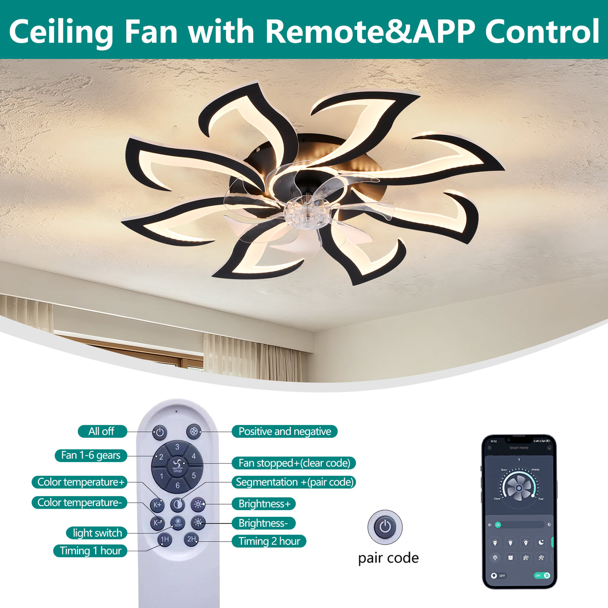Black Flower Flush Mount Ceiling Fan with Dimmable LED Light and Remote, 32-Inch - Elirian
