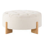 Round Tufted Chenille Ottoman with Solid Wood Legs, Beige - Elirian