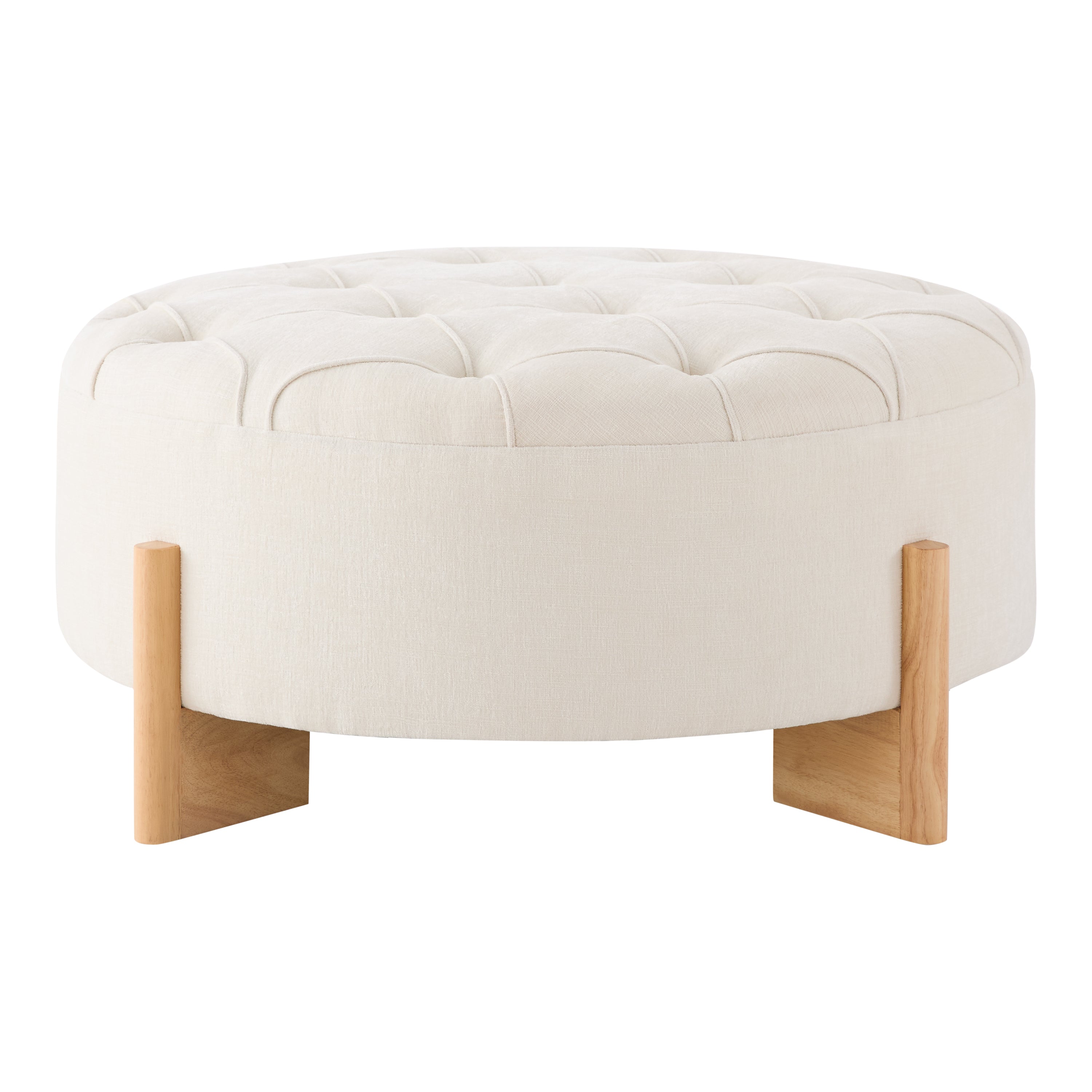Round Tufted Chenille Ottoman with Solid Wood Legs, Beige - Elirian